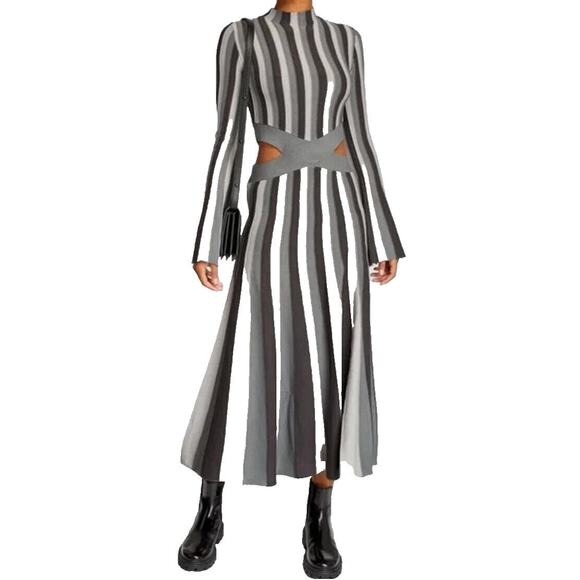 Acler Womens Gray white Aspen Striped Long Sleeve Cut Out sweater Dress Sz 10 - Picture 1 of 13